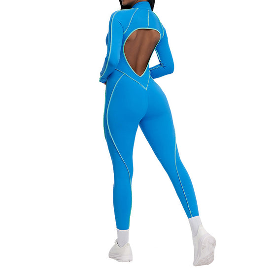 Brushed Color-Block Yoga Jumpsuit Hollow Out Back Tight-Fitting Fitness Wear High-Intensity Sports Jumpsuit